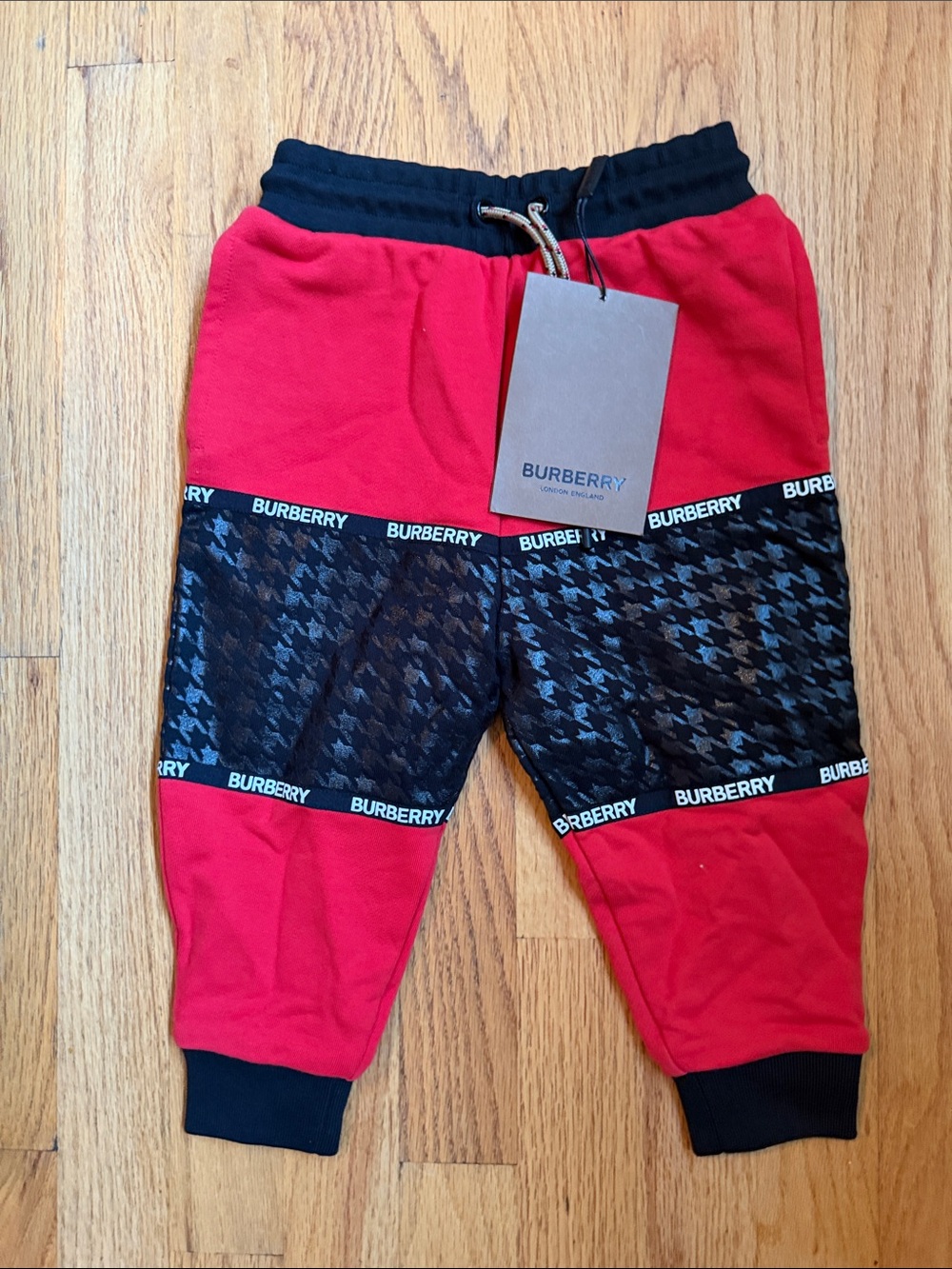 Burberry Red and Black Houndstooth Panel Joggers - Brand New